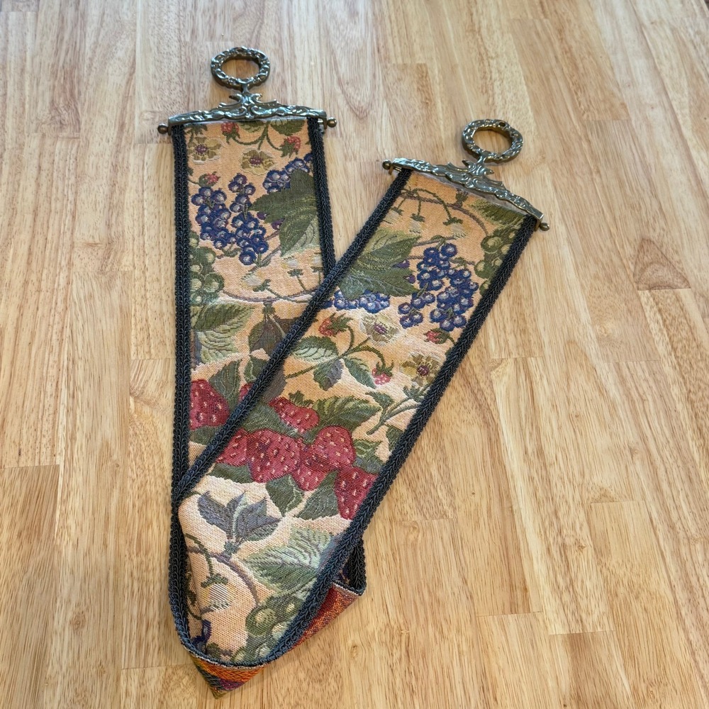 VTG Wall Tapestry Renaissance Woven Art Brass‎ Bell Pull Floral Fruit Capisserie